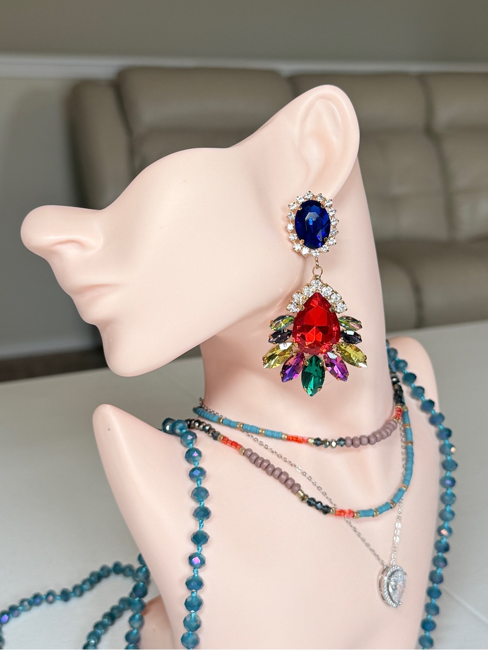 Multicolor Crystal Drop Statement Earrings - Vibrant Red & Blue